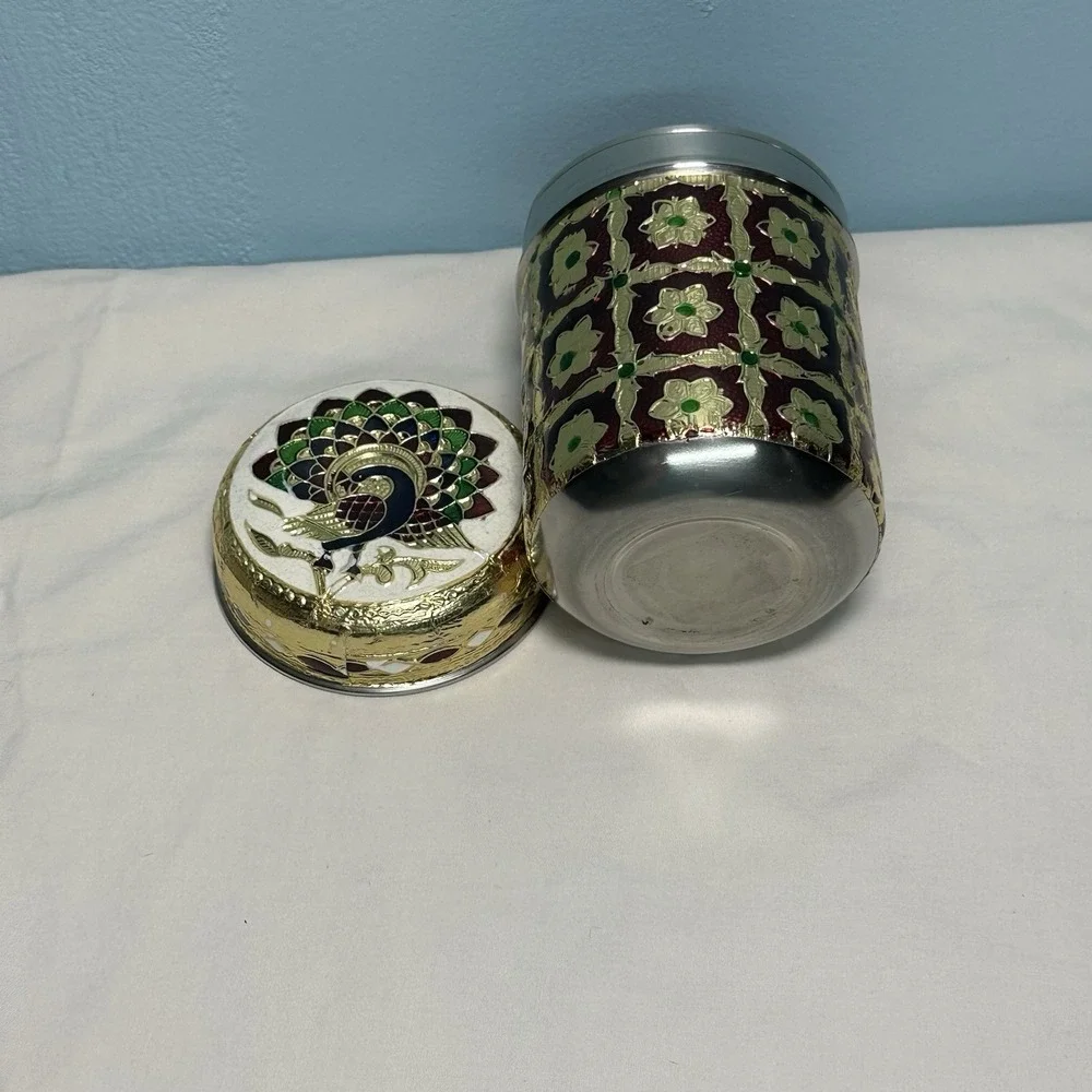 Meenakari Stainless Steel Box Peacock Lid Indian Decorative Canister Dabba